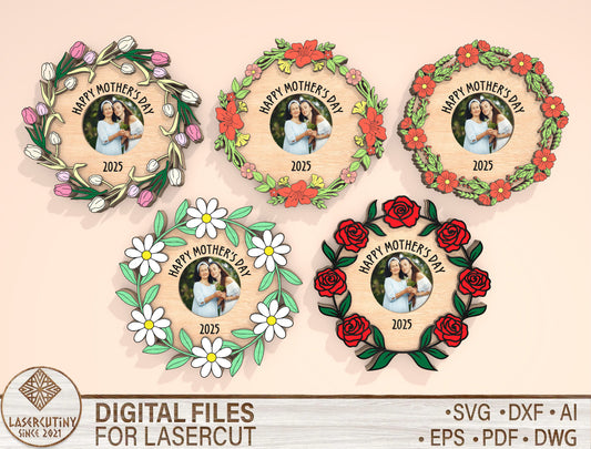 Mother’s Day Floral Wreath Photo Frame SVG for Glowforge