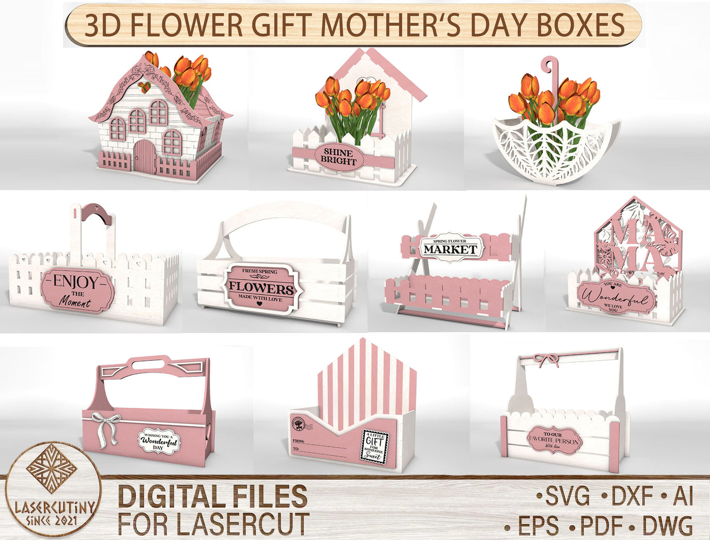 3D Flower Gift Box SVG Bundle Mother's Day for LightBurn and xTool