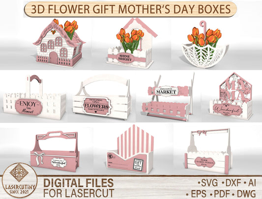 3D Flower Gift Box SVG – Mother’s Day Wooden Laser Cut File – Glowforge, xTool, LightBurn