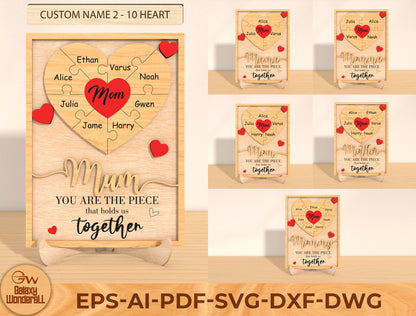 Personalized Mom Heart Puzzle Laser Cut File | Family Name Wooden Sign | Mother’s Day Decor | Glowforge, xTool, LightBurn etc.