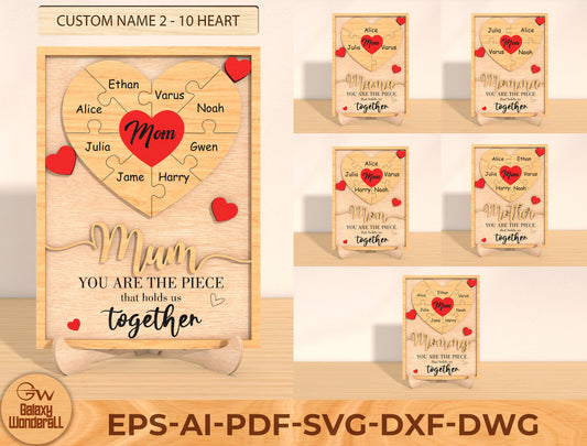 Personalized Mom Heart Puzzle Laser Cut File | Family Name Wooden Sign | Mother’s Day Decor | Glowforge, xTool, LightBurn etc.