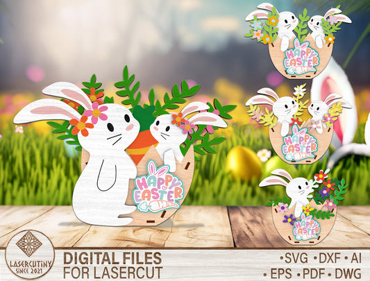 Easter Bunny Flower Standing SVG Cute Bunny Egg for Glowforge and xTool