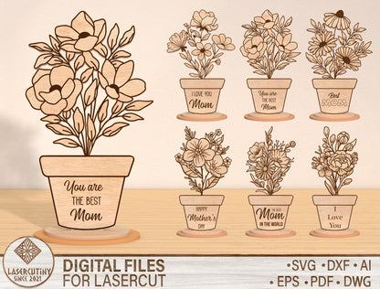 Mom Flower Pot Sign SVG Bundle Mother's Day for LightBurn and xTool