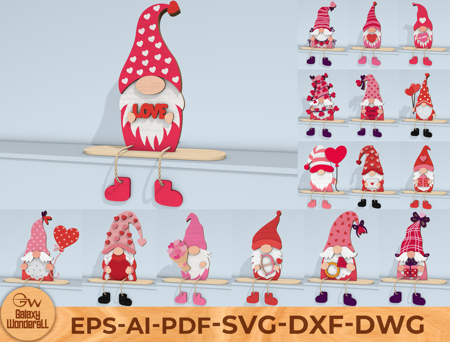 Valentine Gnome Shelf Sitter Laser Cut File | Love Gnome Bundle | Cute Wooden Decor | Glowforge, xTool, LightBurn, etc.