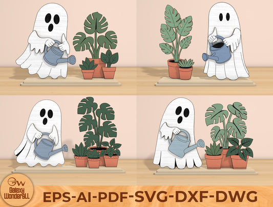 Halloween Ghost Plant Decor SVG Bundle Laser Cut File | Cute Ghost Garden Scene | Tabletop Wooden Decor | Glowforge, xTool, LightBurn, etc.