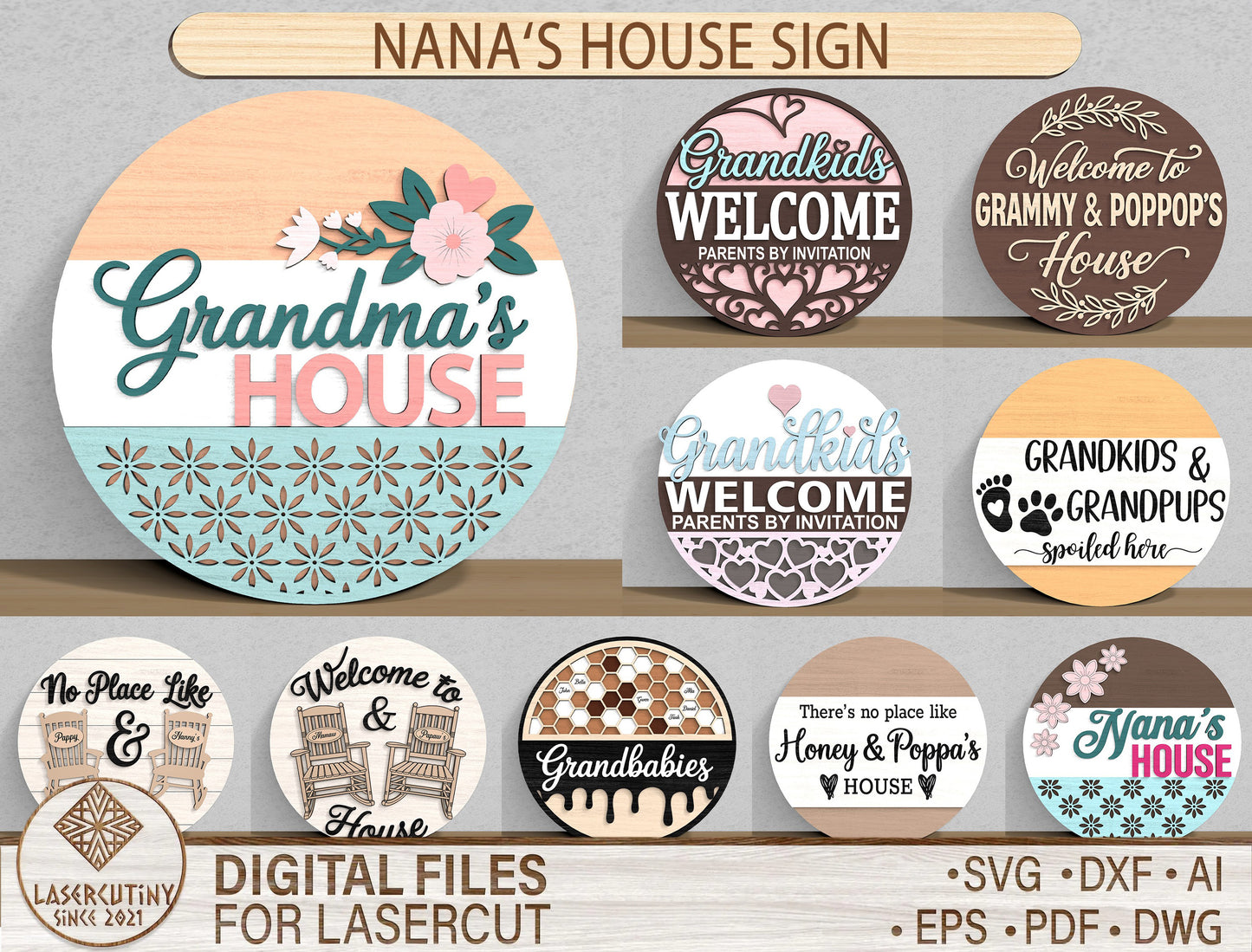 Grandma House Round Welcome Sign SVG Bundle for Glowforge and xTool