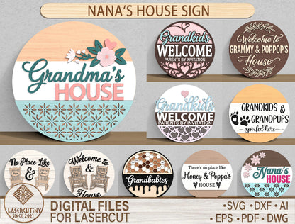 Grandma House Round Welcome Sign SVG Bundle for Glowforge and xTool