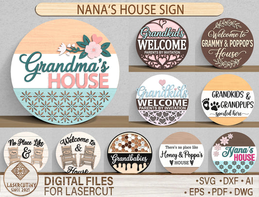 Grandma House Round Welcome Sign SVG Bundle for Glowforge and xTool
