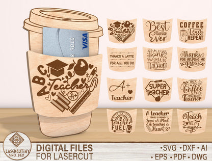 Teacher Coffee Cup Card Holder SVG Bundle Laser Cut File for Glowforge and xTool