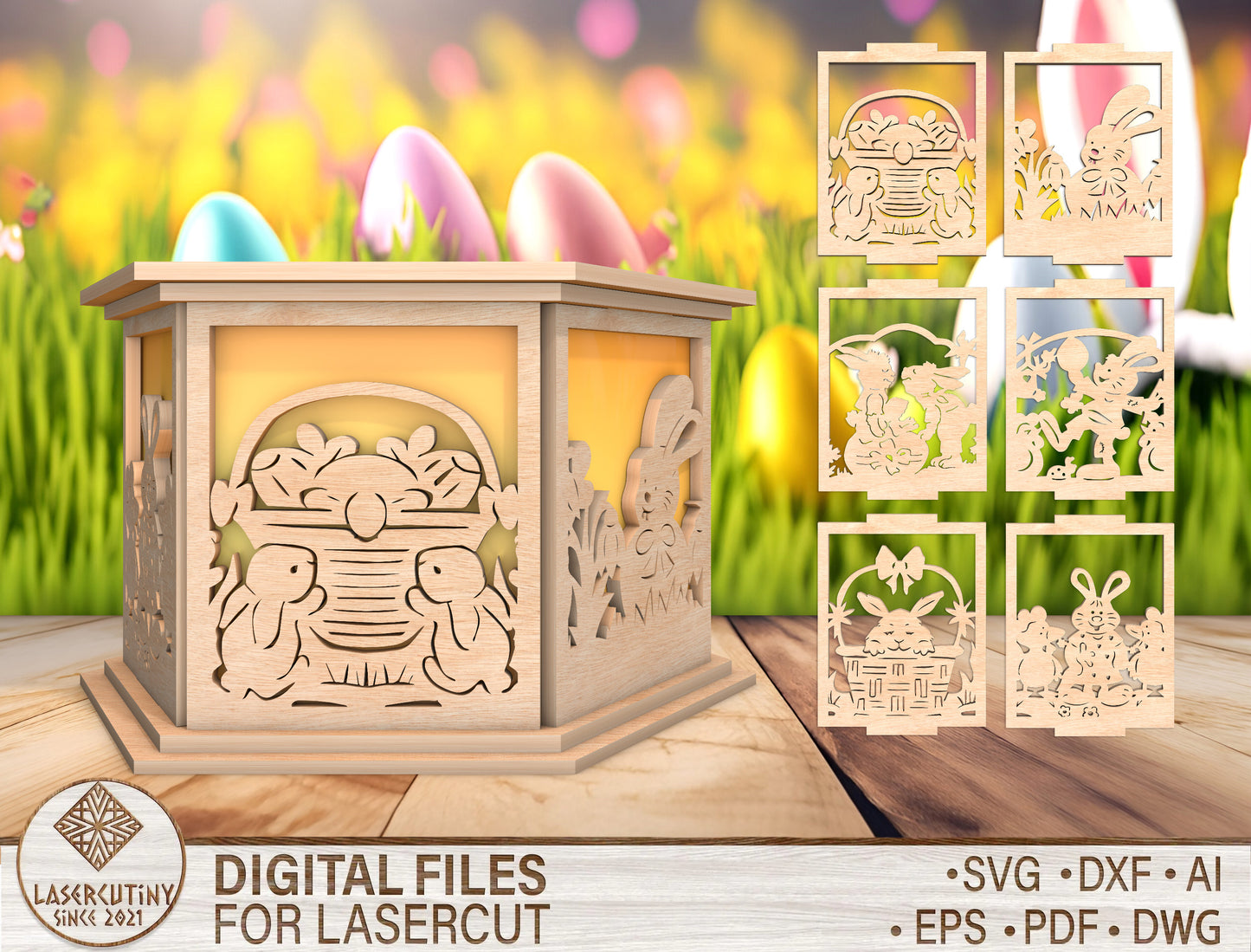 Easter Bunny Lantern SVG Wooden Spring Table Light for Glowforge and xTool