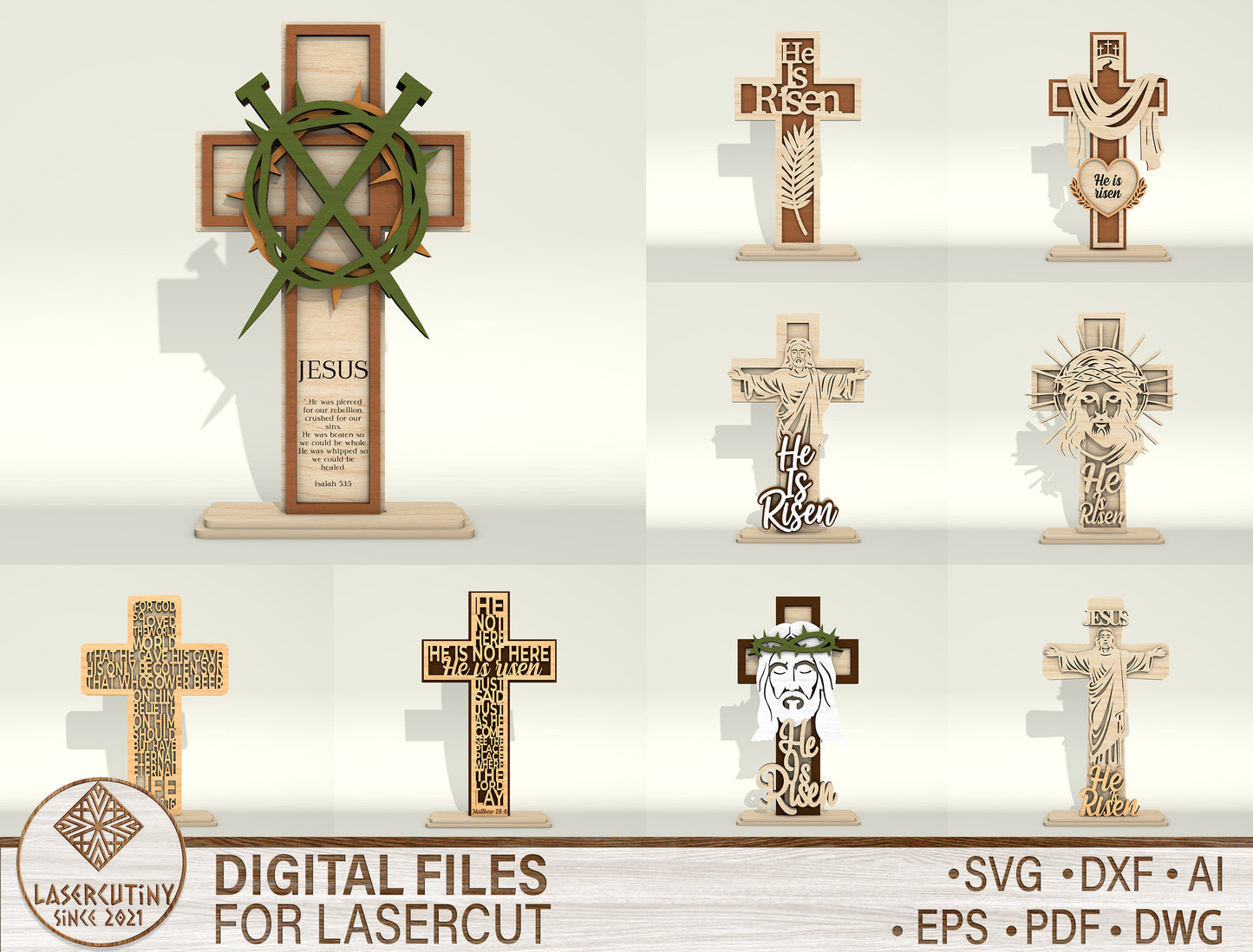Christian Cross SVG – Easter Wooden Tabletop Decor – He Is Risen Jesus Cross Laser Cut File – 9 Designs