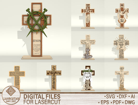 Christian Cross SVG – Easter Wooden Tabletop Decor – He Is Risen Jesus Cross Laser Cut File – 9 Designs