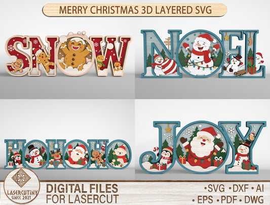 3D Layered Christmas Word Sign SVG Bundle 1