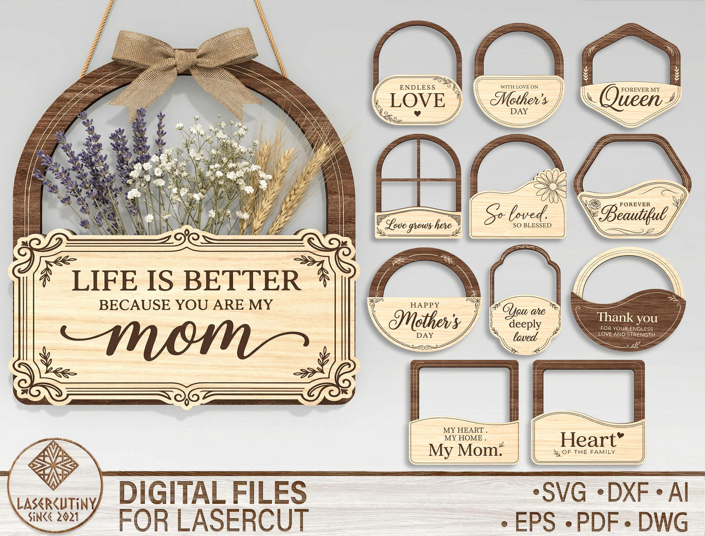 Mom Hanging Flower Holder SVG Engraved Frame Laser Cut File for xTool and LightBurn