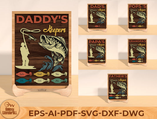 Daddy’s Fish Keepers Sign SVG Bundle Laser Cut File | Personalized Fishing Family Decor | Wooden Tabletop Sign | Glowforge, xTool, LightBurn, etc.
