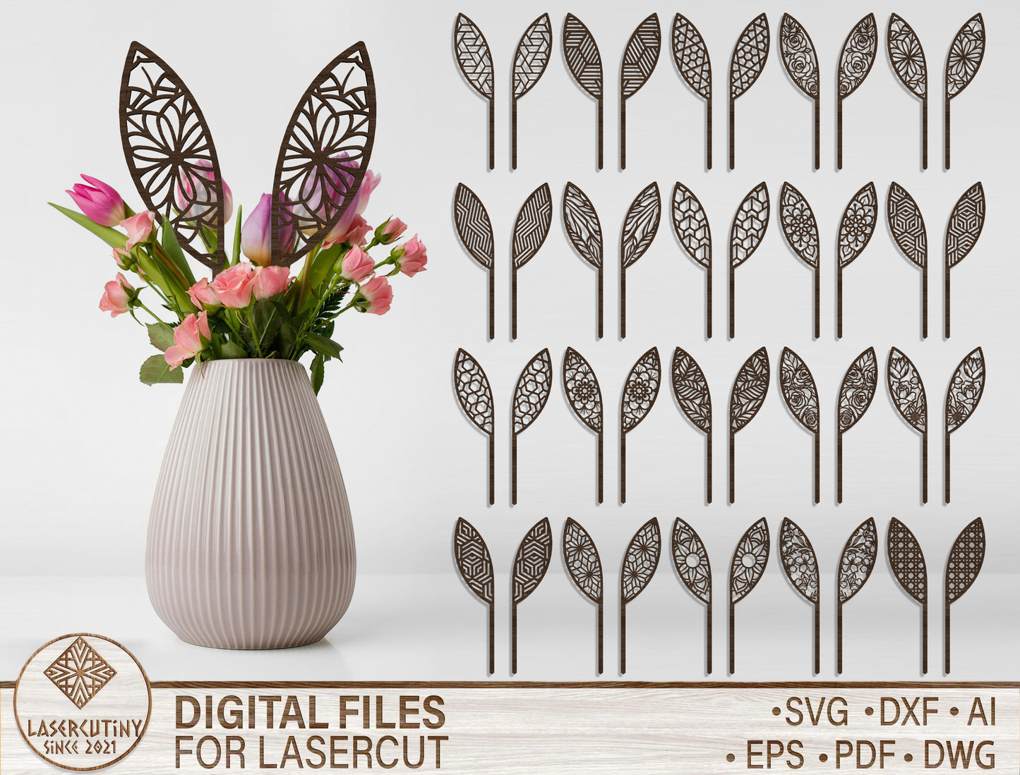 Easter Bunny Ears Plant Stick SVG 20 Designs Laser Cut for LightBurn and xTool