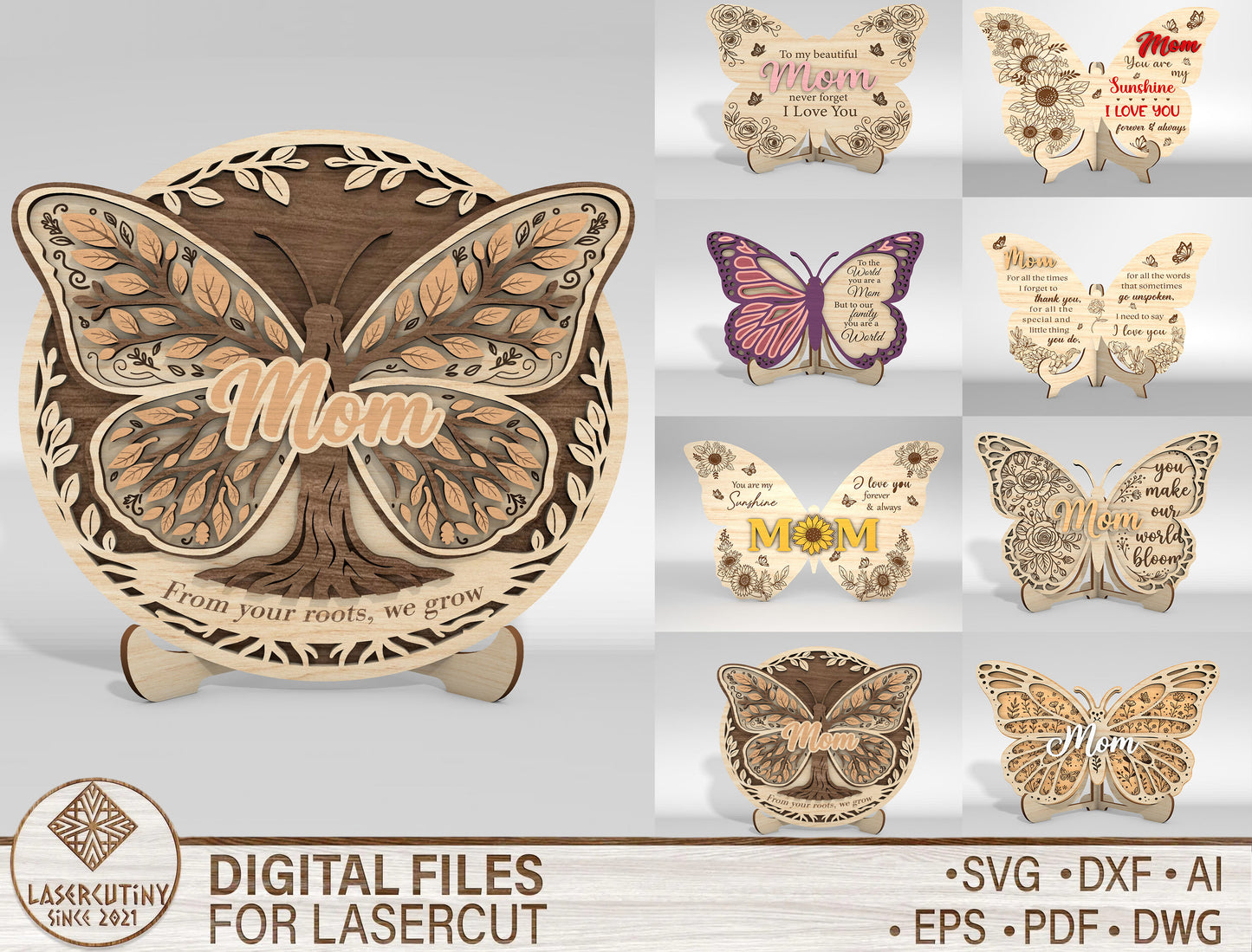 Mom Butterfly Tabletop Sign SVG Bundle Mother's Day Desk Decor Laser Cut File for Glowforge and xTool