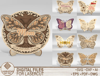 Mom Butterfly Tabletop Sign SVG Bundle Mother's Day Desk Decor Laser Cut File for Glowforge and xTool
