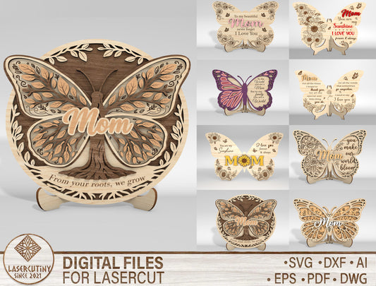 Mom Butterfly Tabletop Sign SVG Bundle Mother's Day Desk Decor Laser Cut File for Glowforge and xTool
