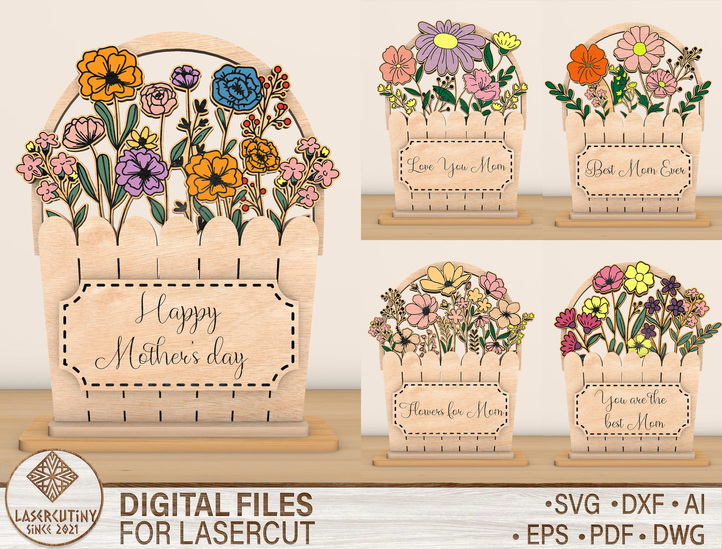 Mother's Day Flower Basket Sign SVG Bundle for LightBurn and xTool