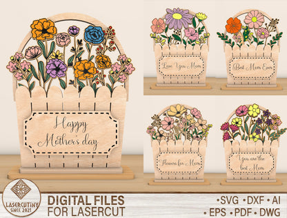 Mother's Day Flower Basket Sign SVG Bundle for LightBurn and xTool