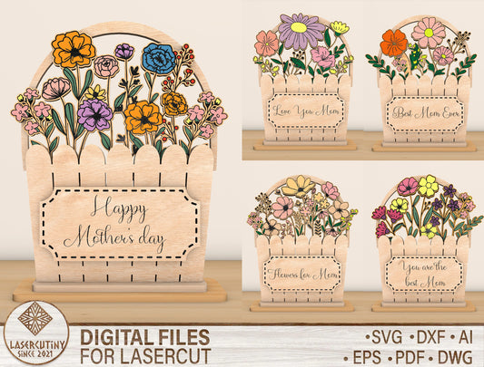 Mother's Day Flower Basket Sign SVG Bundle for LightBurn and xTool
