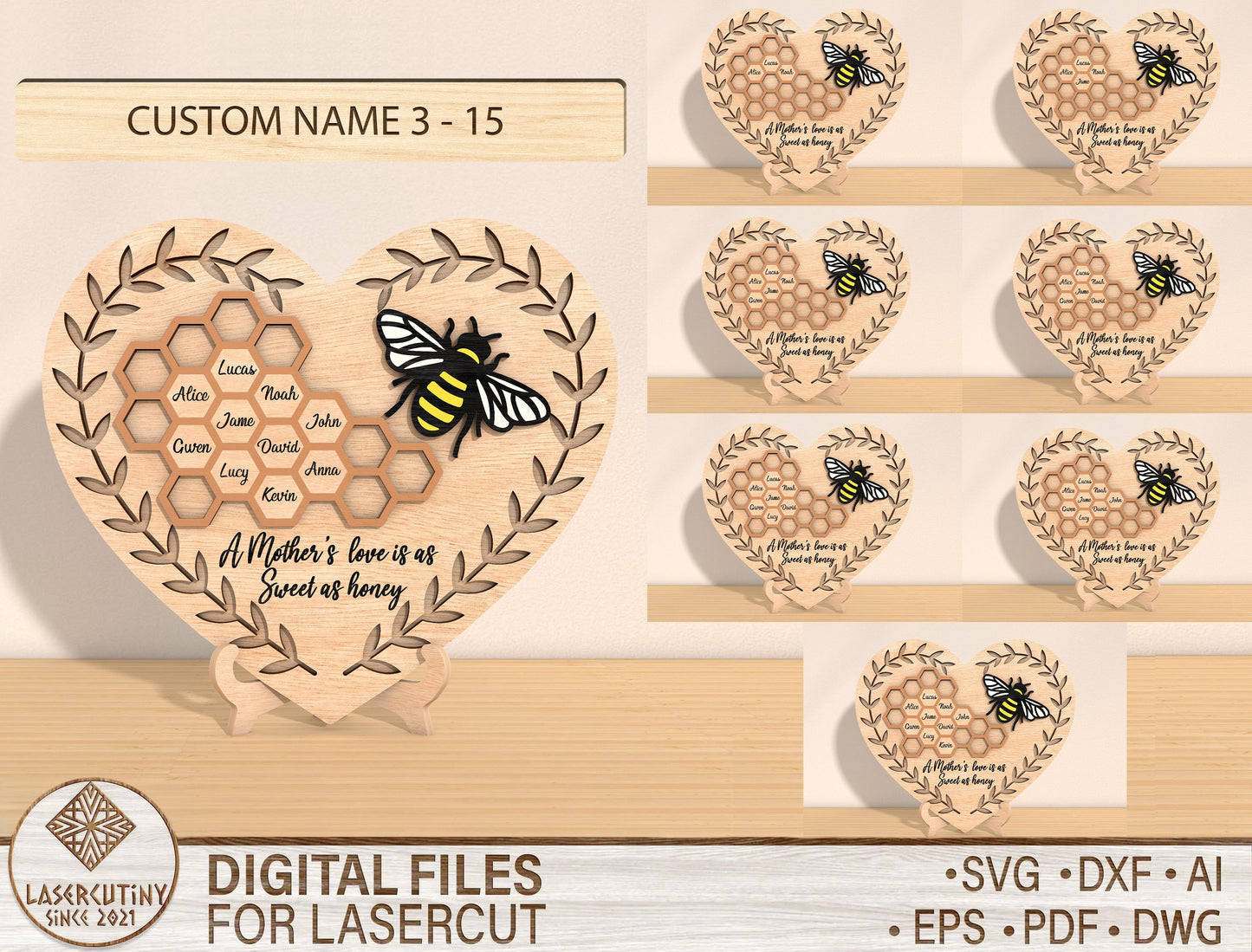 Personalized Honeycomb Heart SVG Family Name Bee Sign Laser Cut File for xTool and LightBurn
