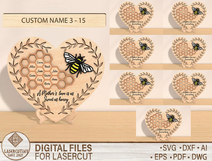 Personalized Honeycomb Heart SVG Family Name Bee Sign Laser Cut File for xTool and LightBurn