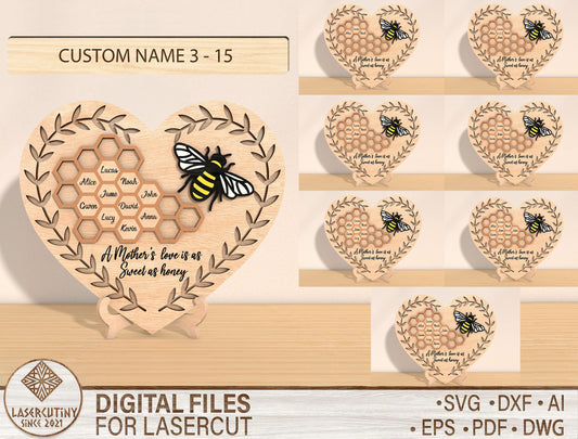 Personalized Honeycomb Heart SVG Family Name Bee Sign Laser Cut File for xTool and LightBurn