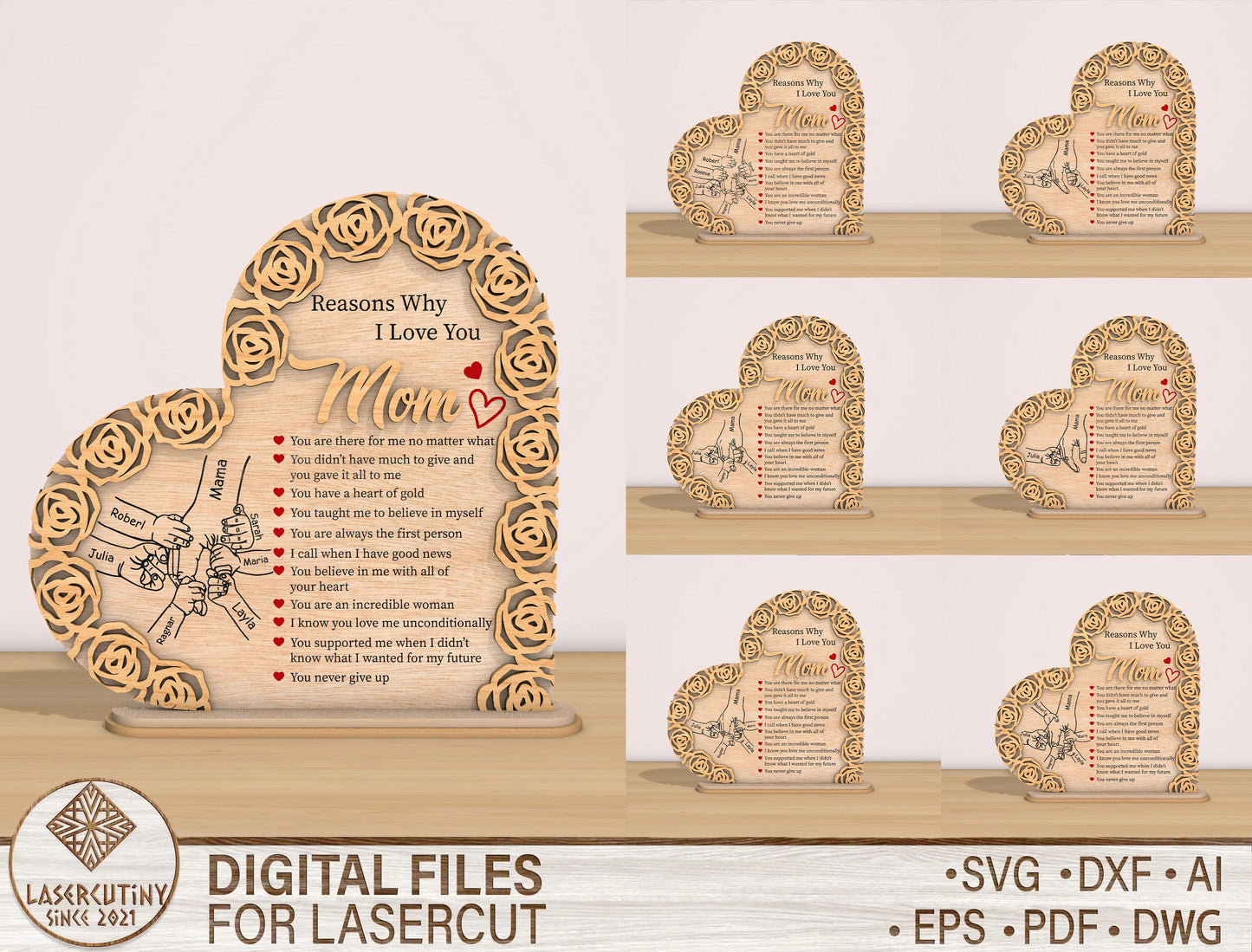 Personalized Mom Rose Heart Sign SVG Bundle for LightBurn and xTool