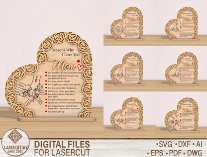 Personalized Mom Rose Heart Sign SVG Bundle for LightBurn and xTool