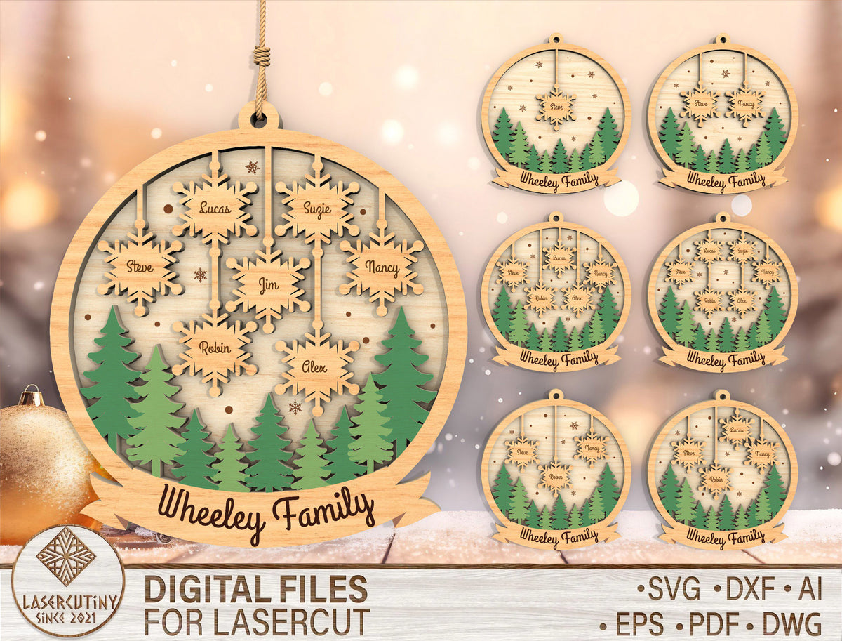 Personalized Family Snowflake Forest Christmas Ornament SVG 1