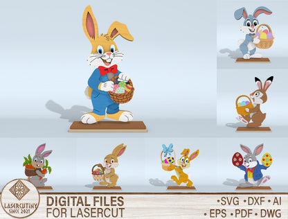7 Easter Bunny Standee Designs SVG Cartoon Rabbit Egg for LightBurn and xTool
