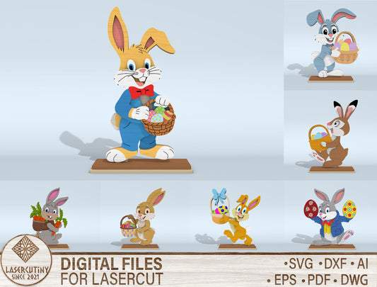 7 Easter Bunny Standee Designs SVG Cartoon Rabbit Egg for LightBurn and xTool