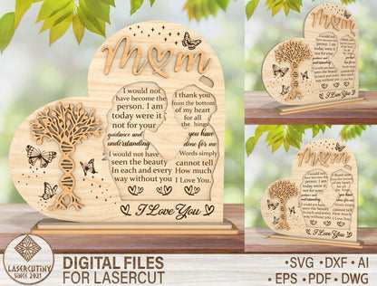 Mom DNA Tree SVG I Love You Mom Wooden Sign for Glowforge and xTool