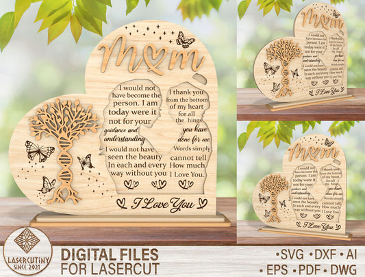 Mom DNA Tree SVG I Love You Mom Wooden Sign for Glowforge and xTool