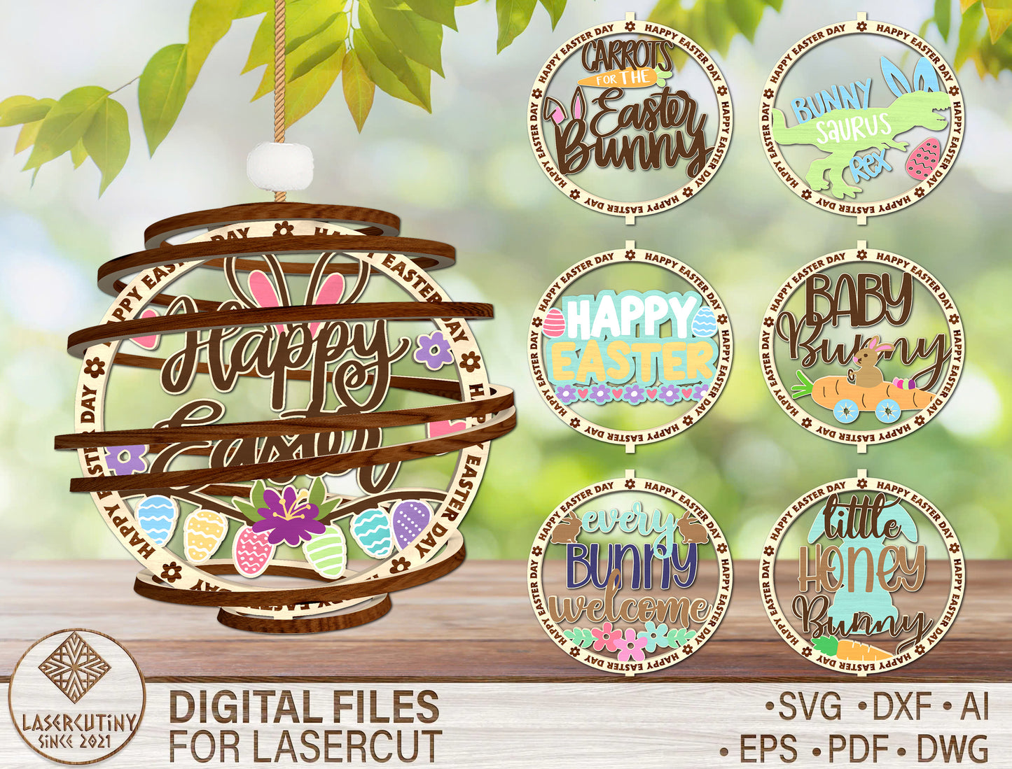 Easter Spiral Ornament SVG Happy Easter Layered Wooden for Glowforge and xTool