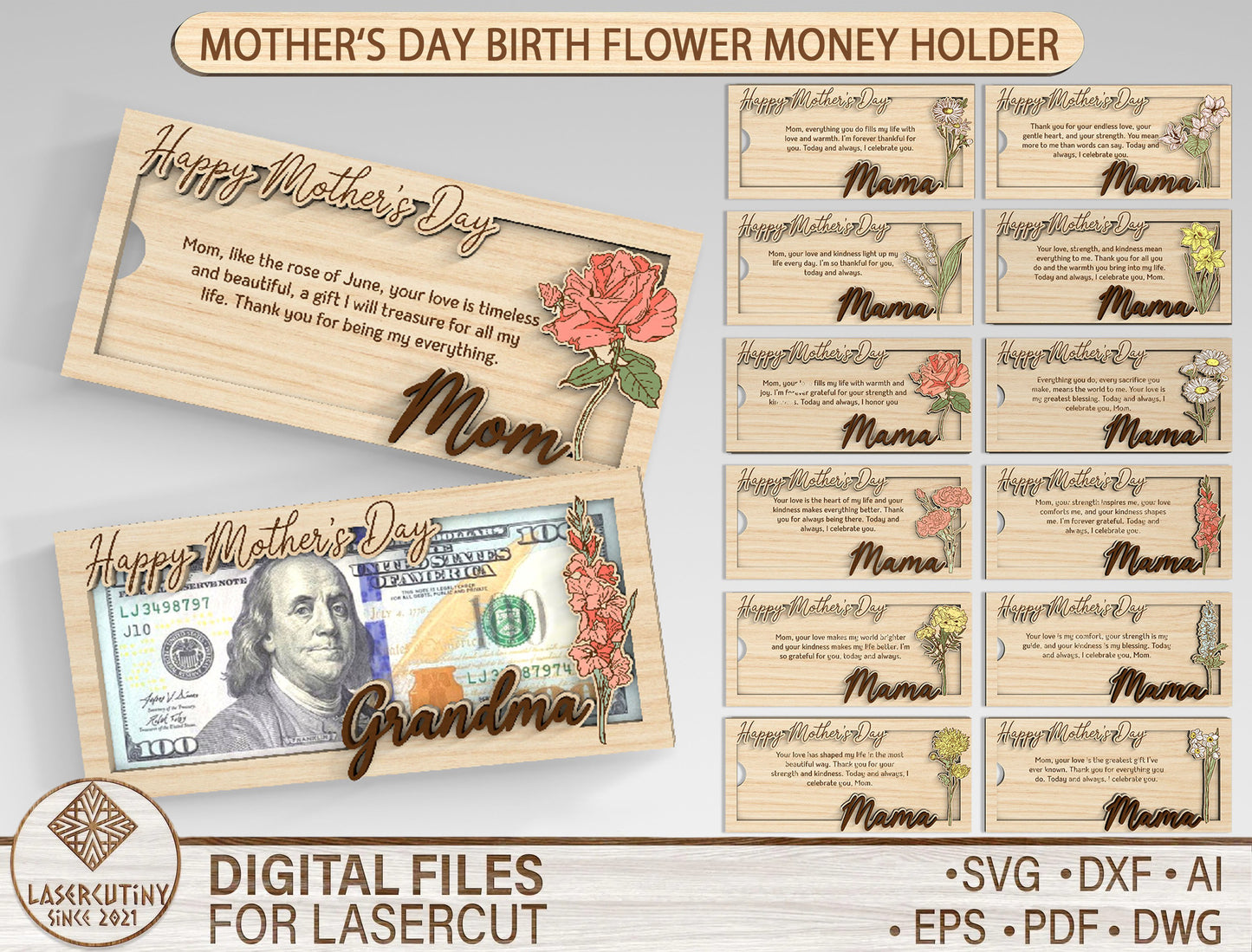 Mother's Day Money Holder SVG Bundle Birth Flower Mom Gift Laser Cut File for xTool and Glowforge