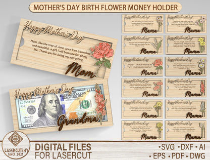 Mother's Day Money Holder SVG Bundle Birth Flower Mom Gift Laser Cut File for xTool and Glowforge