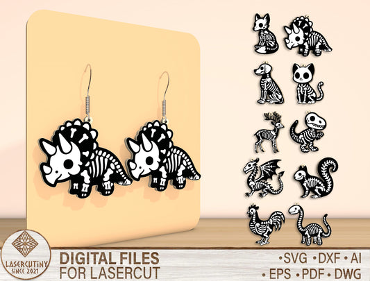 Halloween Animal Skeleton Earrings SVG Bundle Laser Cut File | 10 Spooky Animal Designs | Gothic Jewelry Style | Glowforge, xTool, LightBurn, etc.