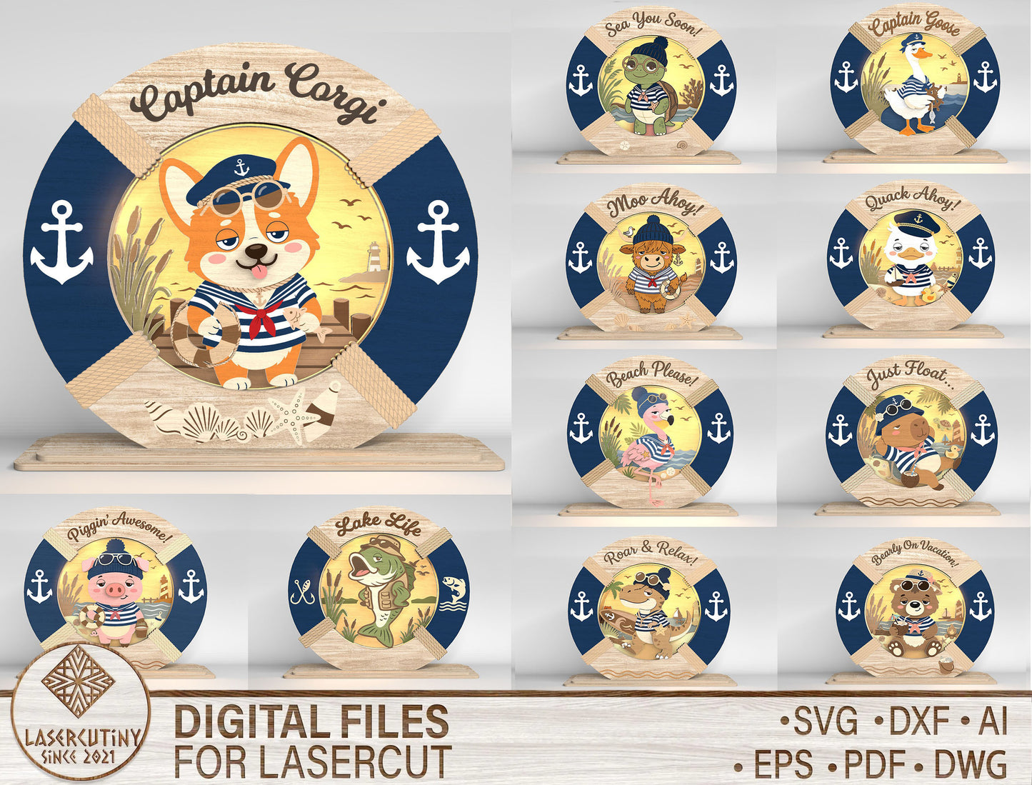 Nautical Animal Lamp SVG Bundle Laser Cut Decorative Light Files