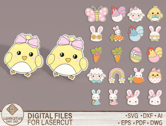 Easter Stud Earrings SVG Bundle Cute Animal Bunny 20 Designs for Glowforge