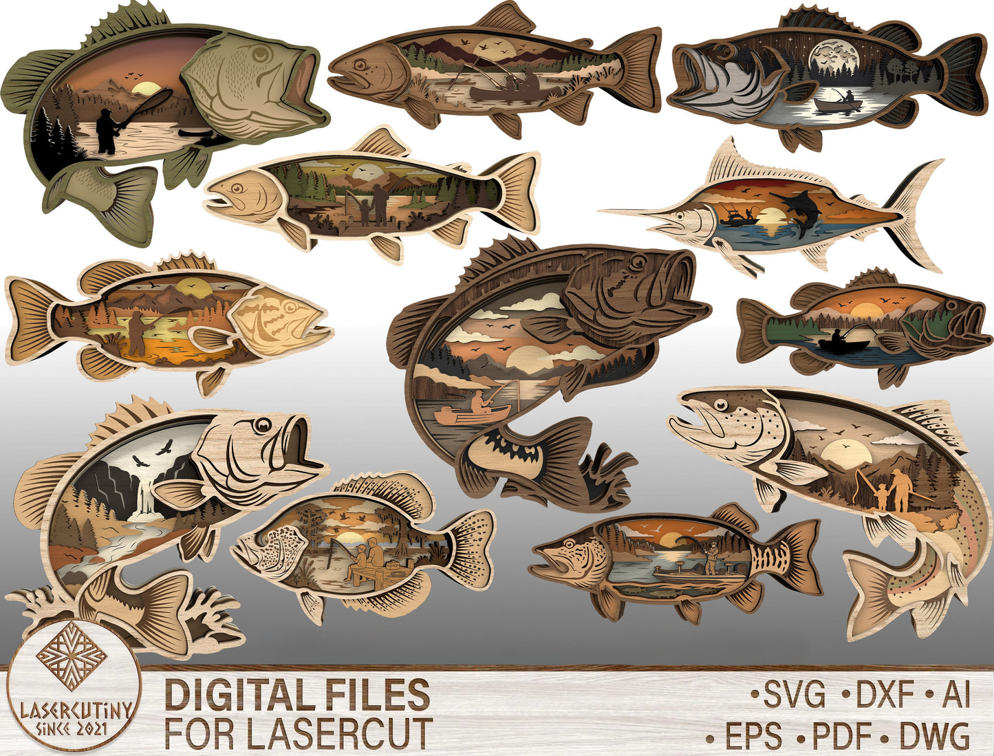Fish SVG Bundle for Glowforge xTool LightBurn Multilayer Laser Cut File