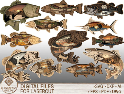 Fish SVG Bundle for Glowforge xTool LightBurn Multilayer Laser Cut File