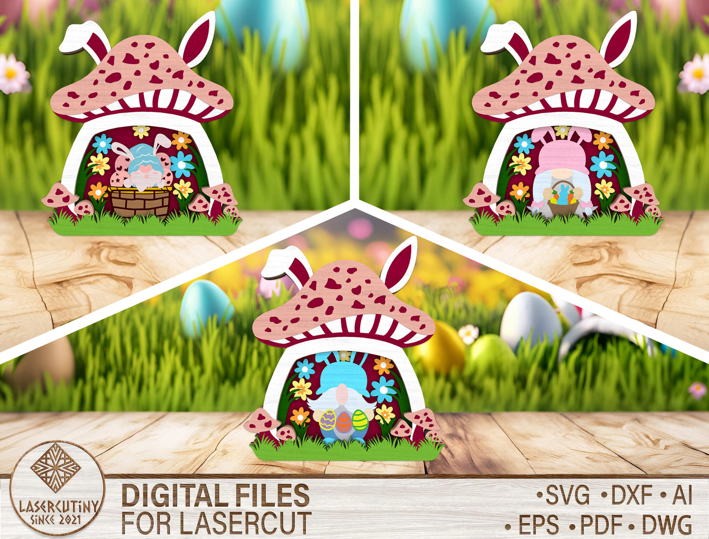 Easter Bunny Mushroom Decor SVG Wooden Spring Scene for Glowforge