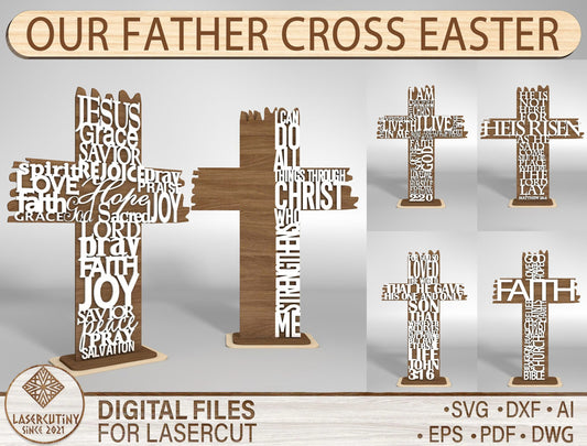 Christian Cross SVG Laser Cut File – Bible Verse Word Art Decor – Glowforge, xTool