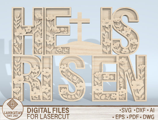 He Is Risen Multilayer SVG Christian Word Art for LightBurn and xTool