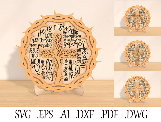 Easter Christian Cross Laser Cut File | He Is Risen Scripture Sign SVG | Wooden Religious Easter Table Decor | Glowforge, xTool, LightBurn, etc.