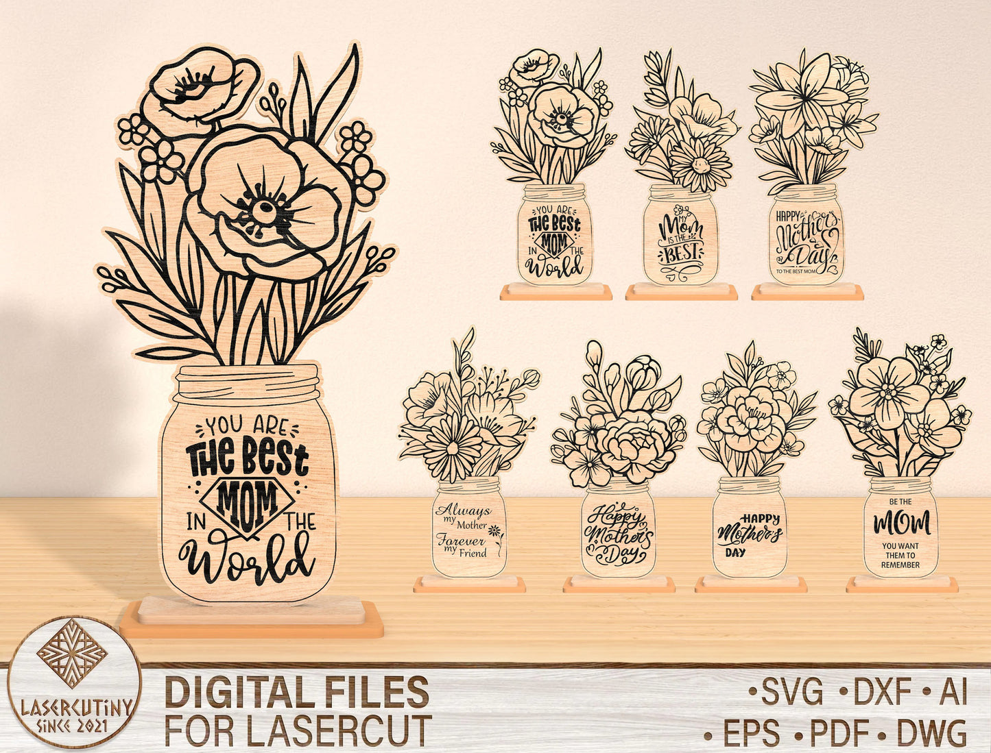 Mom Floral Vase Sign SVG Bundle Mother's Day for Glowforge and xTool