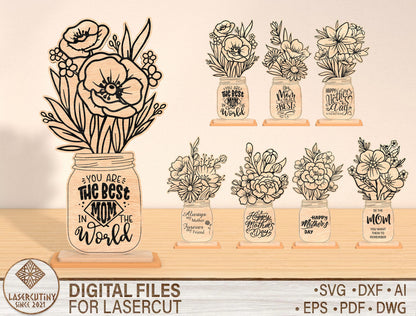 Mom Floral Vase Sign SVG Bundle Mother's Day for Glowforge and xTool